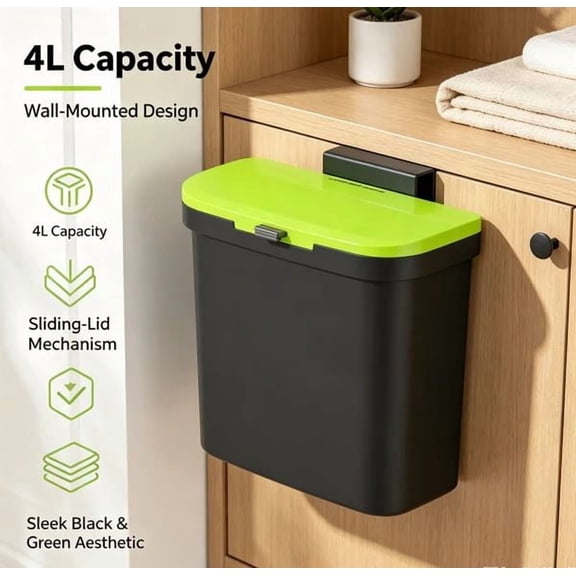 Wall Mounted Trash Can with Sliding Lid 4L (1.1 Gal), Small Hanging Garbage Can Under Sink for Kitchen Cabinet, Damage-Free Sticky No-Drill Compost Bin for Bathroom, RV, Apartment, Black
