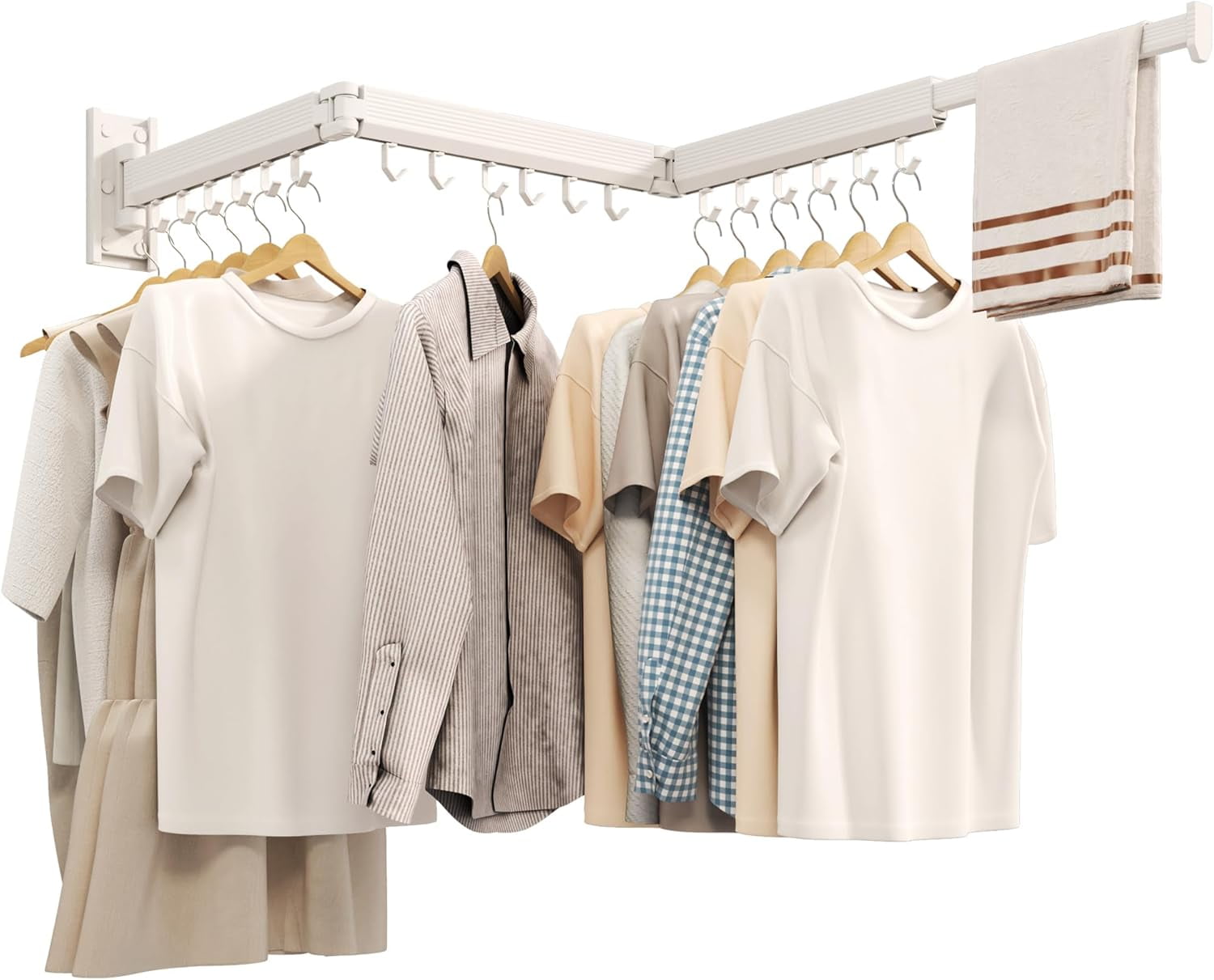Wall Mounted Tri-Fold Clothes Drying Rack, Heavy Duty Collapsible Laundry Drying Rack, Space-Saving Retractable Foldable Drying Rack Clothes for Laundry Room Balcony Bathroom,White-Hooks