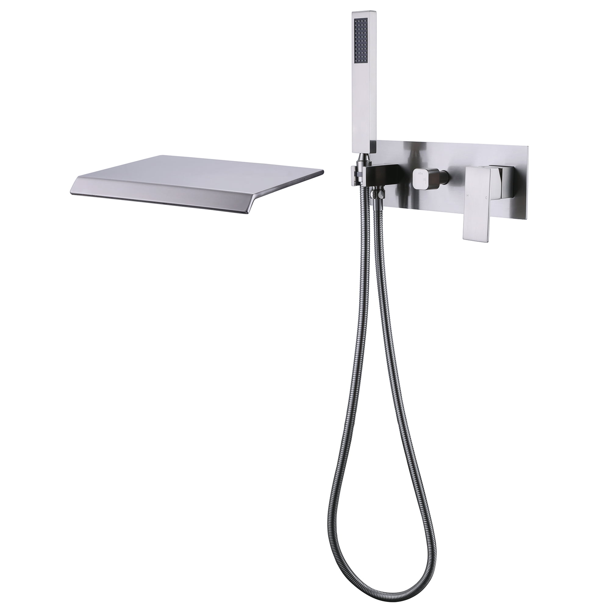 Wall Mounted Tub Filler with hand shower, Two Handles Brushed Nickel Waterfall Bathtub Faucet with Rough-in Valve