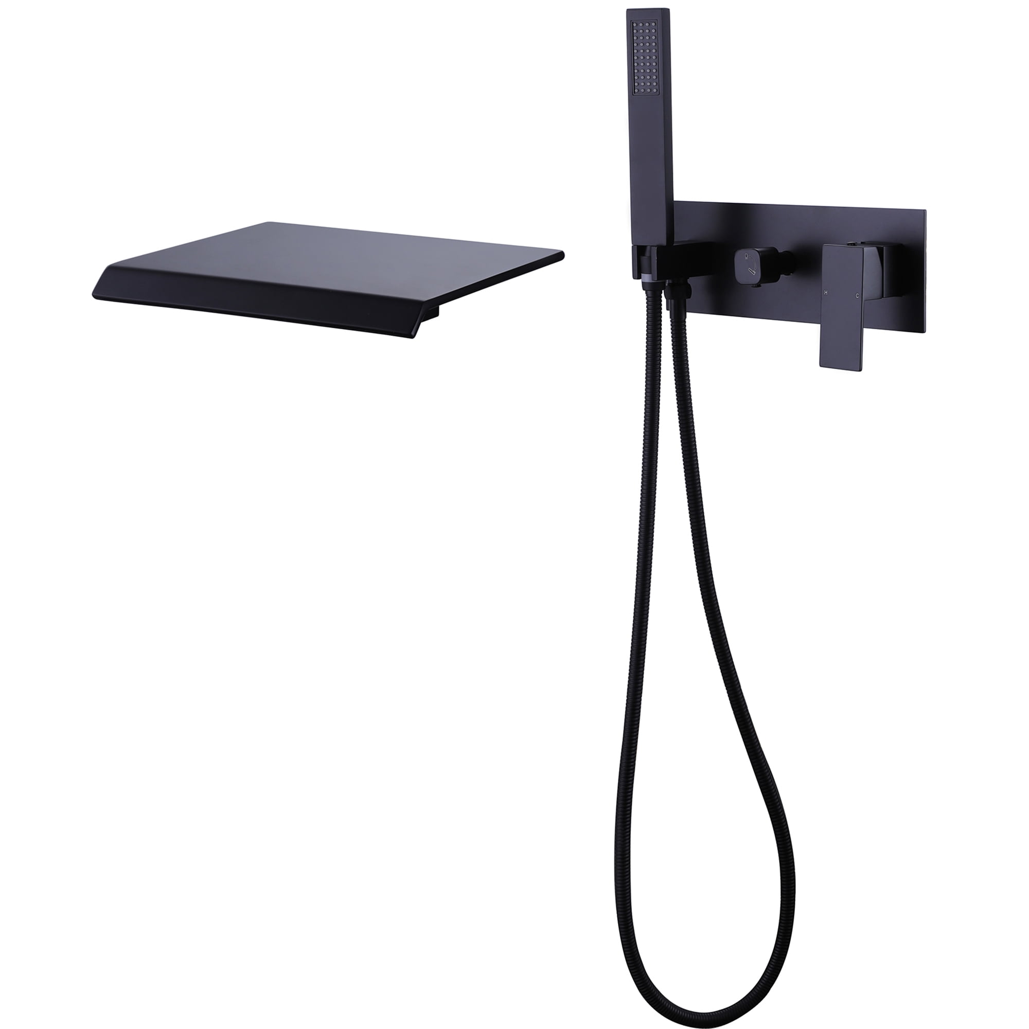 Wall Mounted Tub Filler with hand shower, Two Handles Matte Black Waterfall Bathtub Faucet with Rough-in Valve