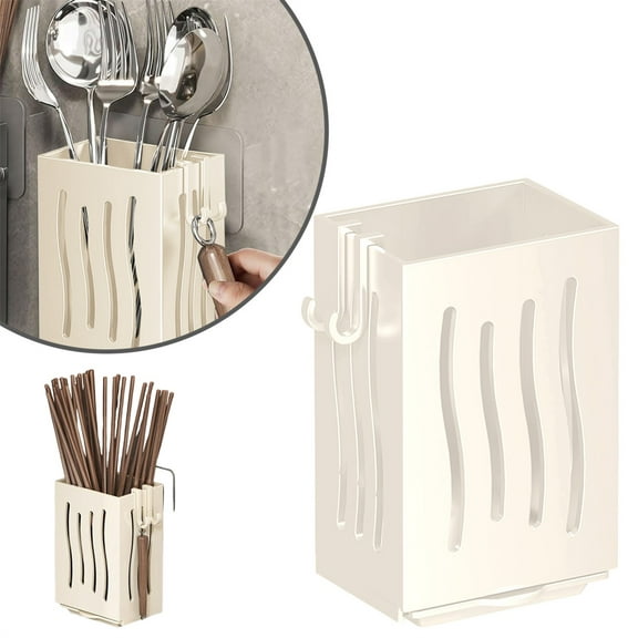 Wall Mounted Utensil Holder, Hanging Cutlery & Chopstick Storage Rack, Keeps Spoons and Forks Dry, Space Saver,White,1PC