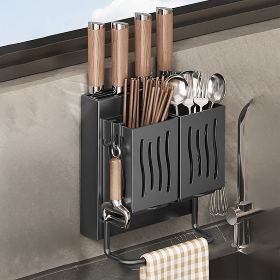 Wall Mounted Utensil Organizer, ABS Draining Knife and Chopstick , No Drill Kitchen Cutlery Drying Rack, Detachable Drip Tray for Sink-Side, Bathroom, and Laundry Storage