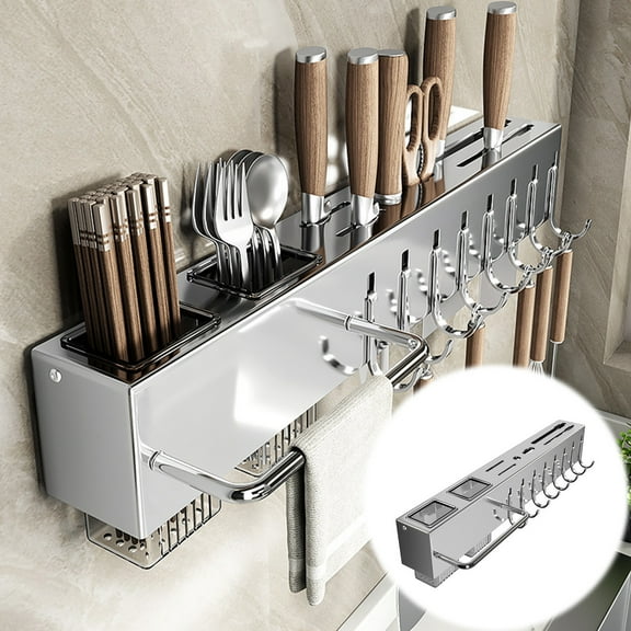 Wall Mounted Utensil Rack, Stainless Steel Kitchen Shelf with Towel Bar & Hooks, Multi-Functional No Drill Spice Rack Organizer for Countertop Storage