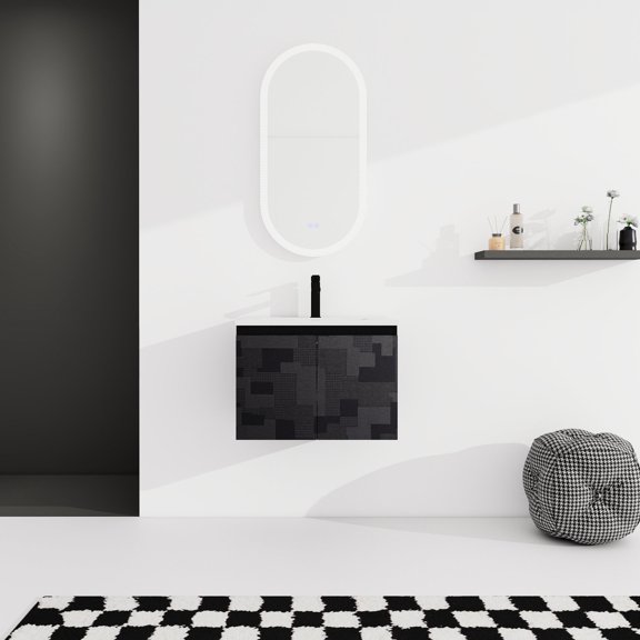 Wall-Mounted Vanity for Bathroom | Two Soft-Close Doors & Hidden Handles | "Scratch & Water-Resistant" Material | Easy-to-Clean Cabinet & Sink