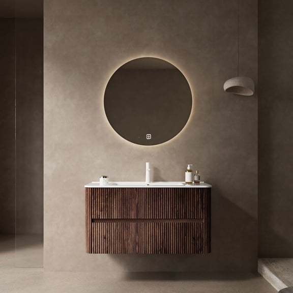 Wall-Mounted Vanity with Glossy White Sink | Bathroom Utility | Sturdy Drawers and Concealed Handles