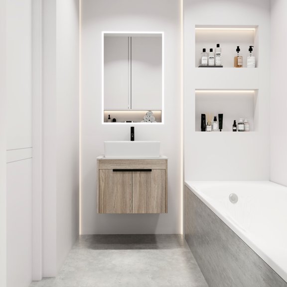 Wall Mounted Vanity with Metal Handles and White Flat Stone Slab - Firm and Stylish in the Bathroom