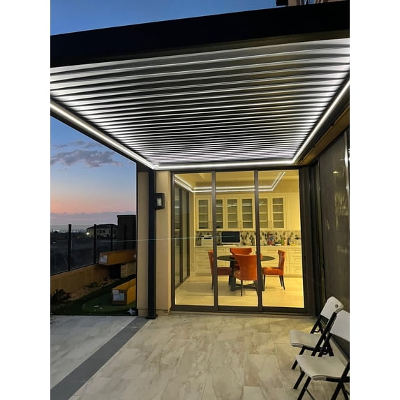 Wall Mounted Villa Pergola with Motorization and LED Lighting Included, 10' x 13', Dark Gray