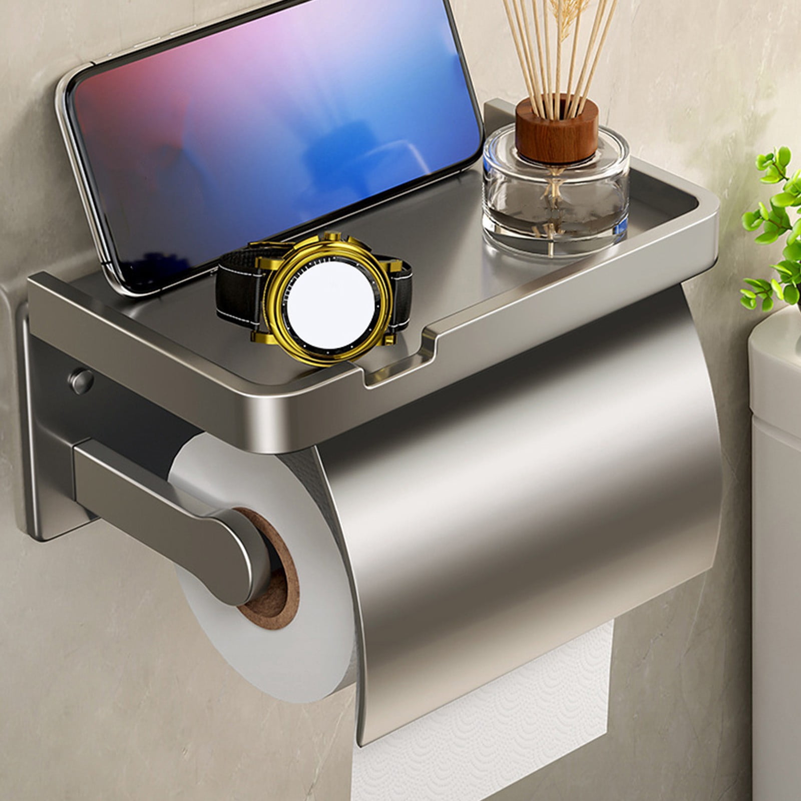 Wall-Mounted Waterproof Toilet Paper Holder - Aluminum Bathroom Tissue Box Shelf, No-Drill Installation with Glue, Gray, 6.93x4.13x3.78 Inches