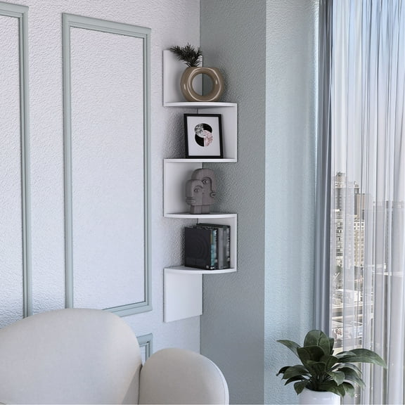Wall Mounted White Corner Shelf - 4 Shelving, 9.8"w X 9.8"h 51.5"h, Engineered Wood, Modern Allure, Space Shelves, Mounted, Sophistication, Maximization