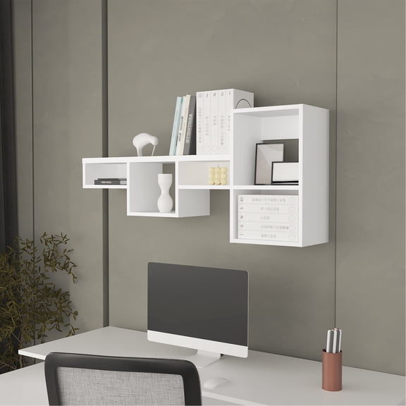Wall - Mounted White Shelf Unit - 3 - 4 Shelves for Storage - Primary Living Space - Quick Assembly