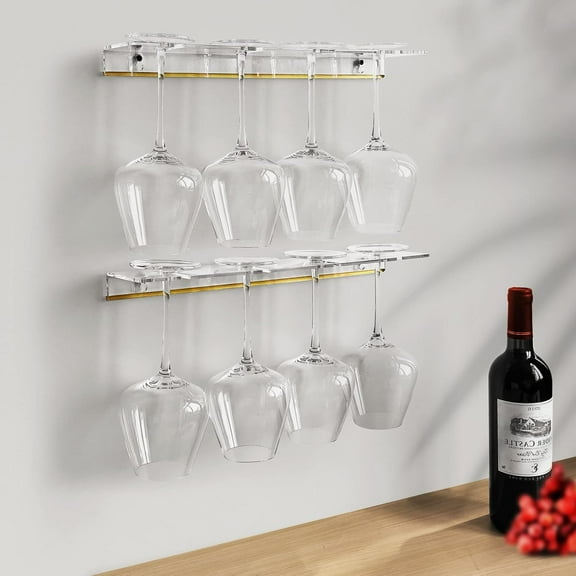 Wall Mounted Wine Glass Holder, Stemware Storage Shelves, Clear Acrylic Under Cabinet Rack (4 Glasses 2 Pack)