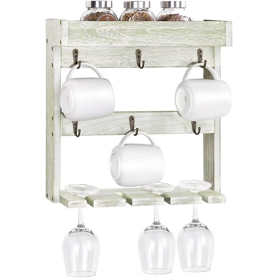 Oumilen Wall Mounted Wine Glass and Coffee Mug Storage Rack Shelf with 6 Metal Hooks, Gray Green