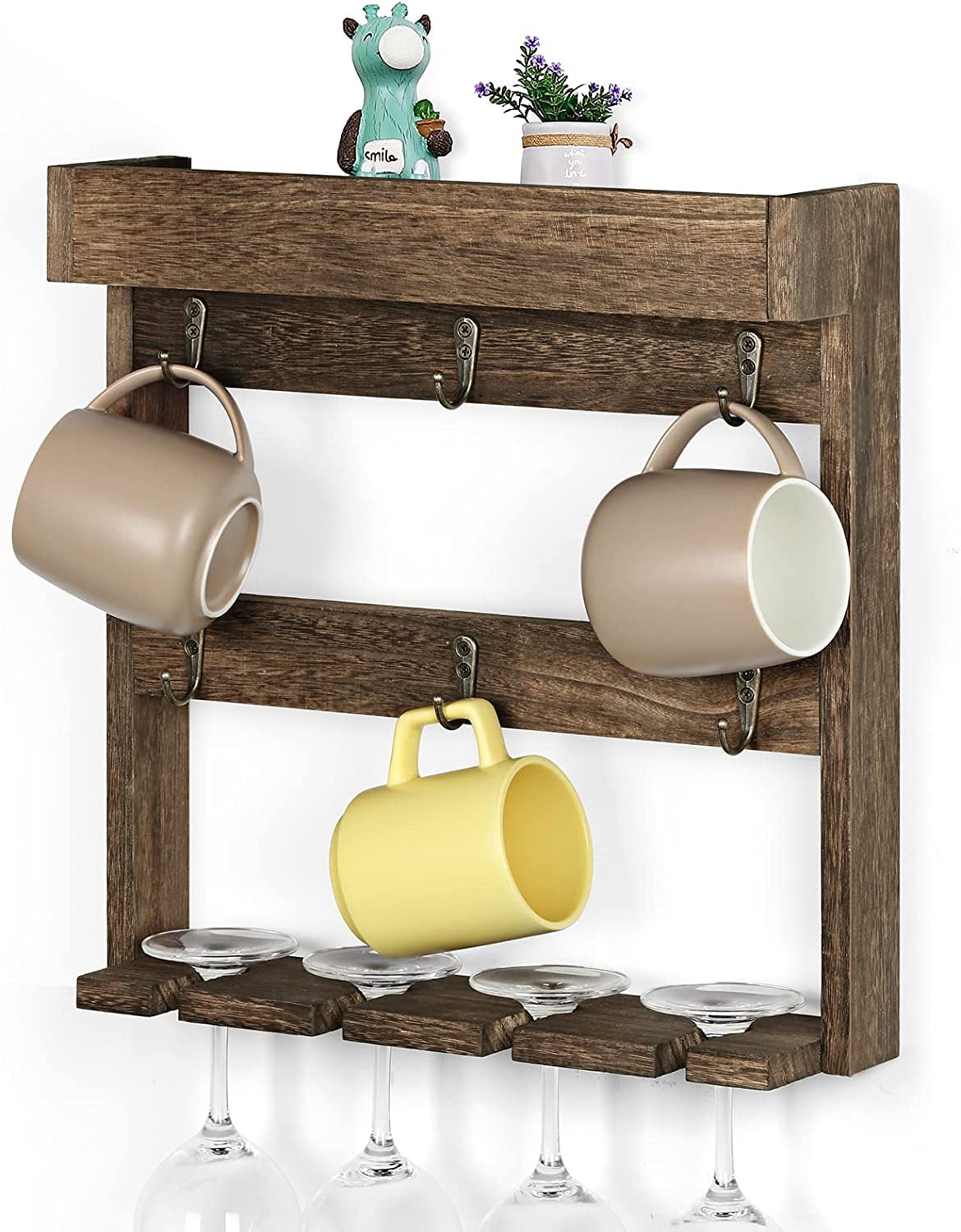 Wall Mounted Coffee Mug Cup Holder Gold Metal Rack- 8 Hooks – J