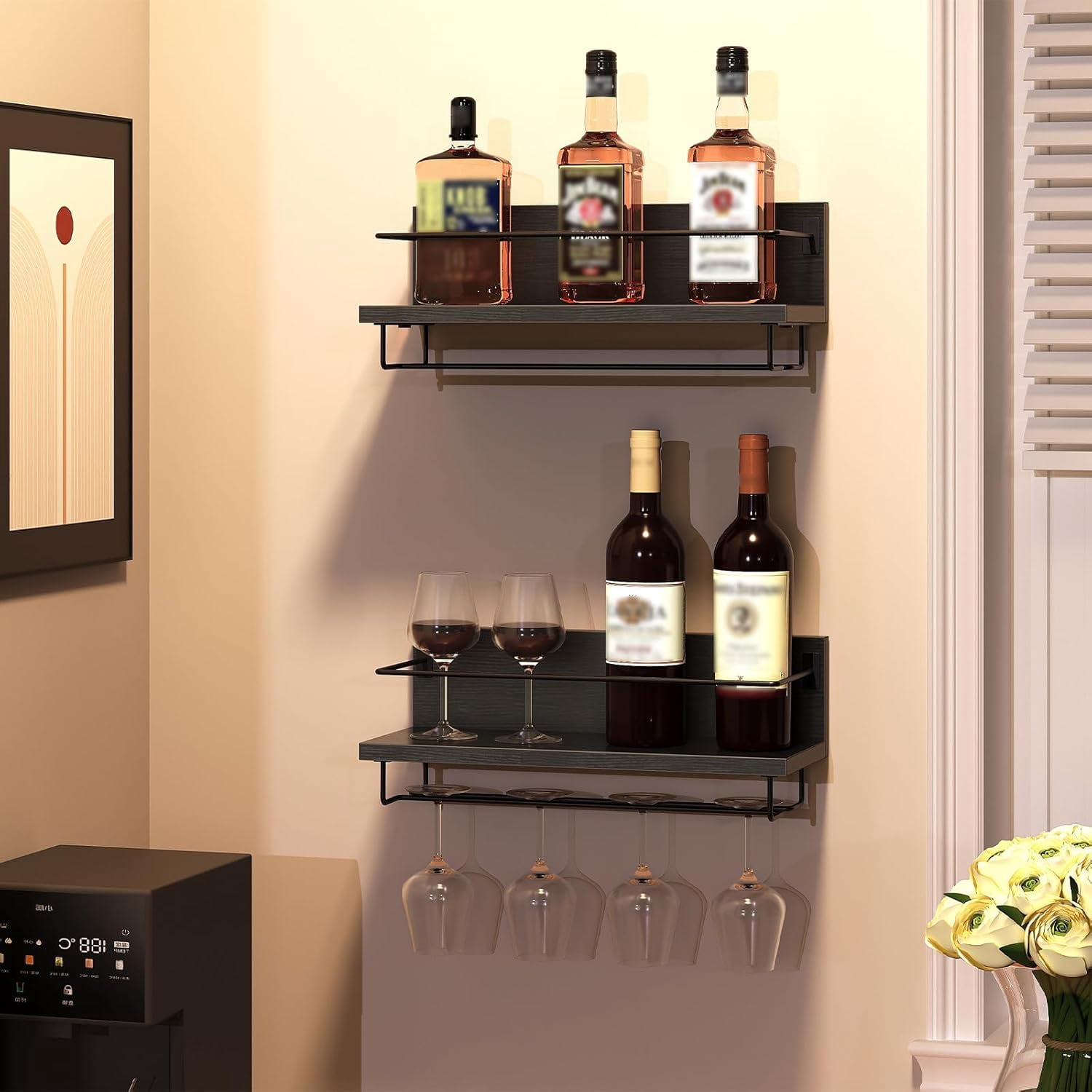 Wall Mounted Wine Rack 2 Pack, Hanging Wine Shelves, Wine Glass Bottle ...