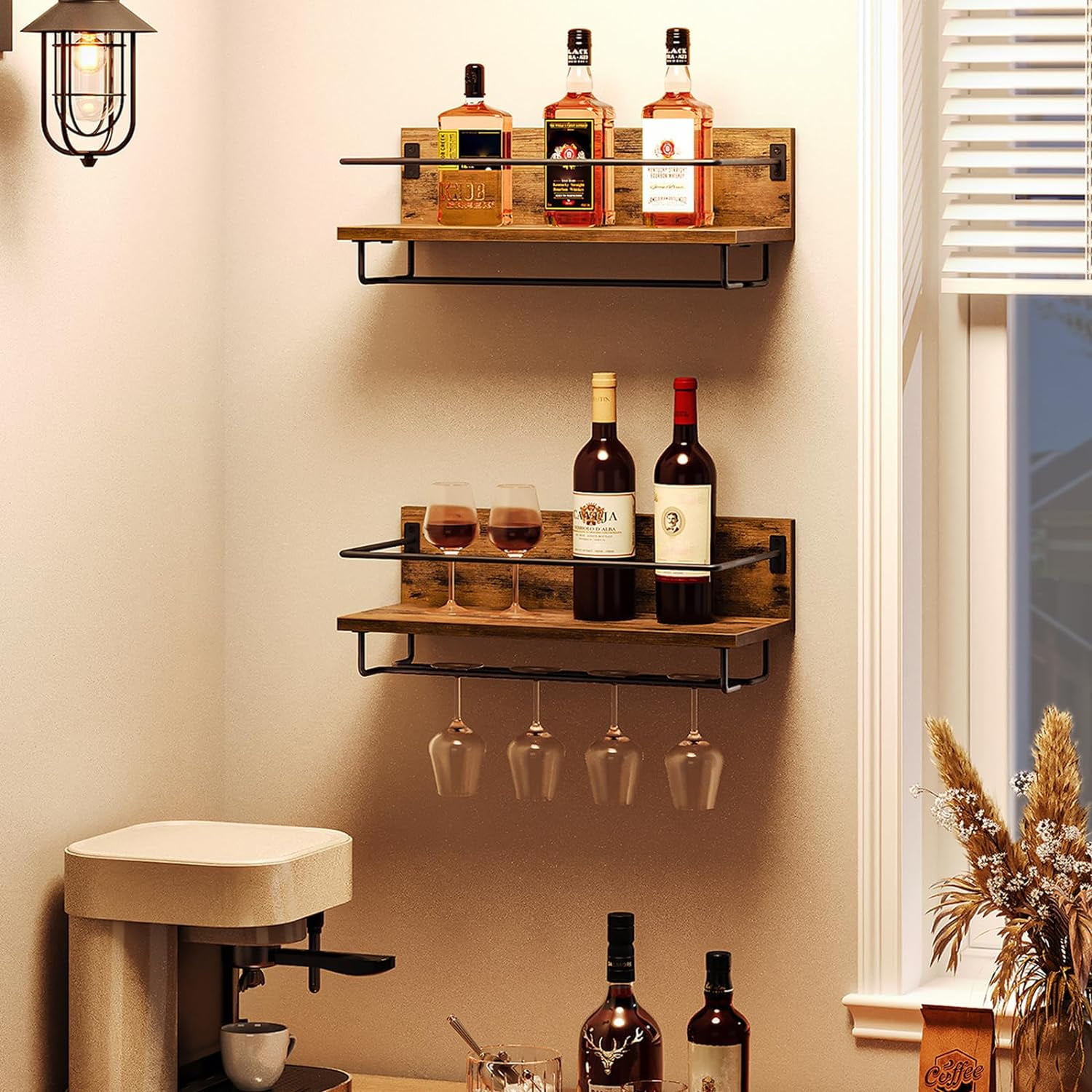 Wall Mounted Wine Rack 2 Pack, Hanging Wine Shelves, Wine Glass Bottle ...