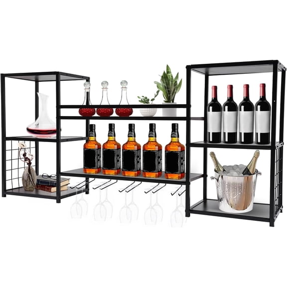 Wall Mounted Wine Rack, 2-Tier MDF&Iron Shelves with 10 Stem Glass Holders for Wine Glasses Multi Functional Wine Storage Display Rack for Home Bar Dining Room Kitchen (Black,49.6in)