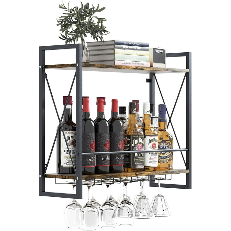 Wall Mounted Wine Rack 2 Tier Shelf with 5 Rows Wine Glass Hanging Rack Industrial Rustic Brown Wood Iron Frame for Dining Room Wine Display Storage Rack for Home Bar Kitchen Living Room Decor