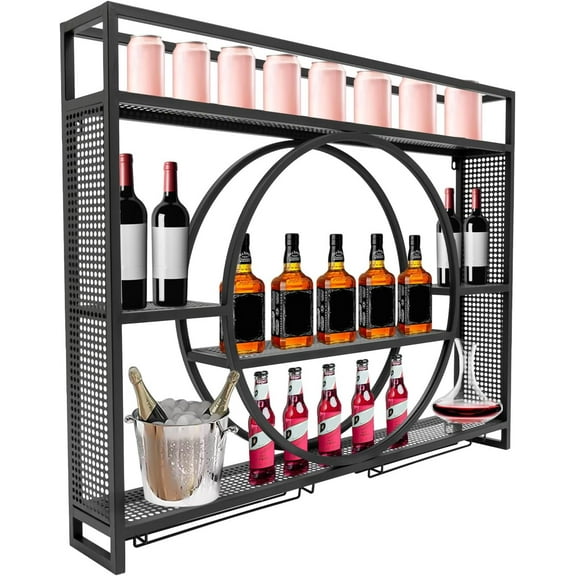 Wall Mounted Wine Rack, 4 Tier Floating Metal Bar Liquor Shelves, Wine Bottle Shelf, Hanging Wine Rack Cabinet with Wine Glass and Bottle Holders, Wine Storage Holder (Black)