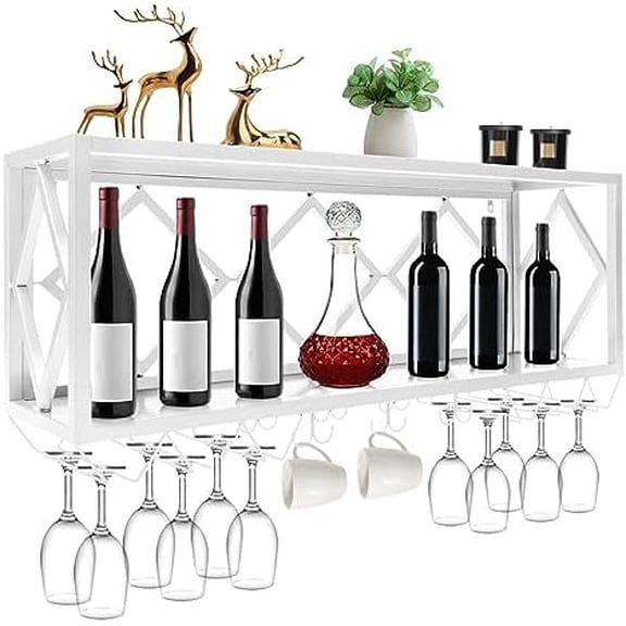 Wall-Mounted Wine Rack, Bar Unit Floating Shelves Wall-Mounted Inverted  Multifunctional Iron Bottle Holder Simple Hanging Goblet Rack with Partitions, White