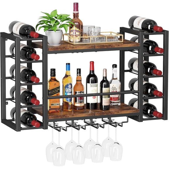 Wall Mounted Wine Rack, Bottle & Glass Holder Wood-Metal Retro Wine Rack, Wine Bottles Display Wall Storage for Kitchen Dining Room Home Bar (31.9" W x 9.8" D x 19.7" H)