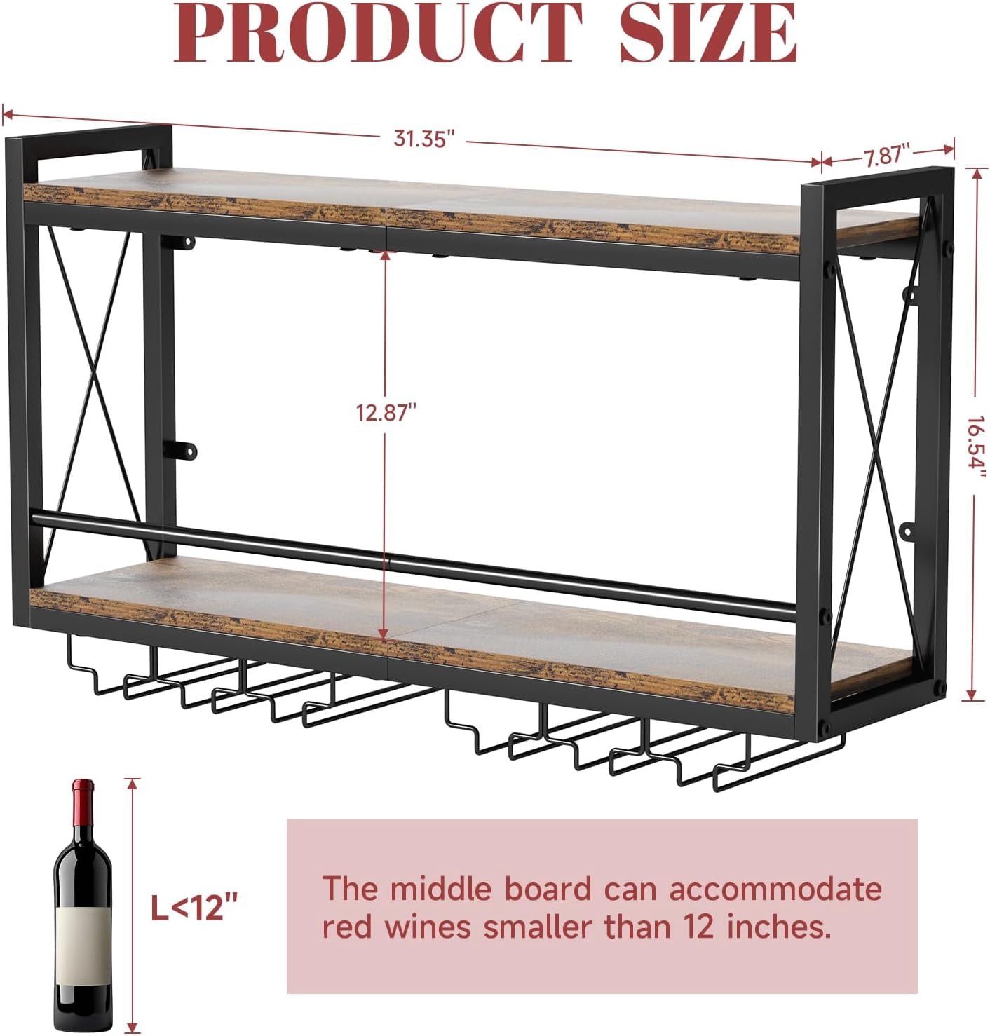 Wall Mounted Wine Rack with RGB LED Lights, 2 Tier Wooden Metal Glass ...