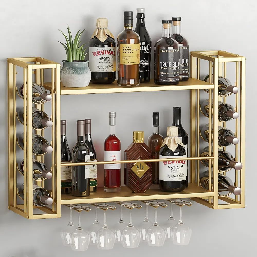 Bottle Holder Floating Wall Wine Rack Bar Unit Floating Shelves Wall-Mounted Wine Racks Inverted Wine Glass Rack  Multifunctional Iron Bottle Holder Simple Hanging Goblet Rack With  Partitions