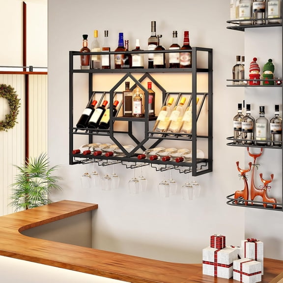 Wall Mounted Wine Rack with LED Light, 31.5" Wine Shelf, 3 Tier Wine Bottle Display Shelf with Glass Holder, Hanging Bar Liquor Storage Rack, for Kitchen, Bar, Black BB73DBJ01