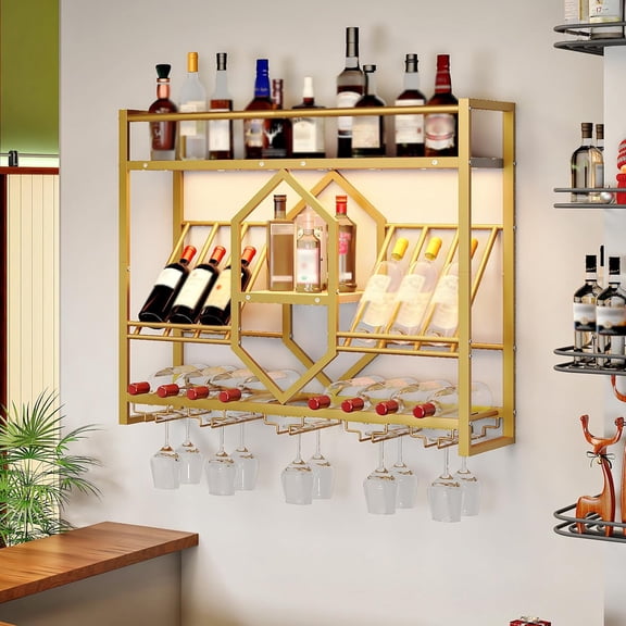 Wall Mounted Wine Rack with LED Light, 31.5" Wine Shelf, 3 Tier Wine Bottle Display Shelf with Glass Holder, Hanging Bar Liquor Storage Rack, for Kitchen, Bar, Gold and White DW73DBJ01