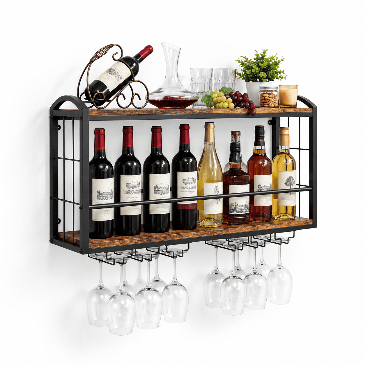 Wall Mounted Wine Rack Model B, 2 Tier Wood Shelf with Glass Holder ...
