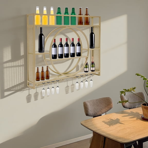 Wall Mounted Wine Rack, Modern Gold Metal Floating Bar Shelves with Wine Glass Holder, Hanging Industrial Liquor Shelf for Kitchen Living Room Home (39.37"x5.91"x31.5")