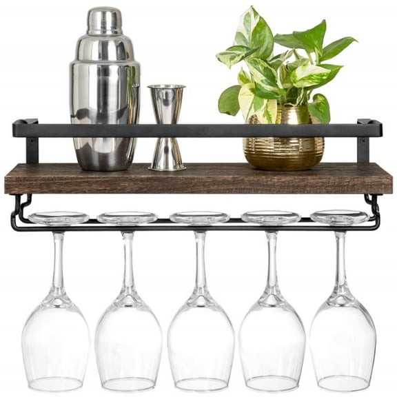 Wall Mounted Wine Rack Set of 2 Wood Rustic Wine Bottle Glass Floating Shelves with Stemware Hanger Modern Plants Photos Wine Display Storage Holder for Kitchen Dining Room Bar, 17 Inch