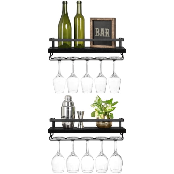 Wall Mounted Wine Rack Set of 2 Wood Rustic Wine Bottle Glass Floating Shelves with Stemware Hanger Modern Plants Photos Wine Display Storage Holder for Kitchen Dining Room Bar, 17 Inch