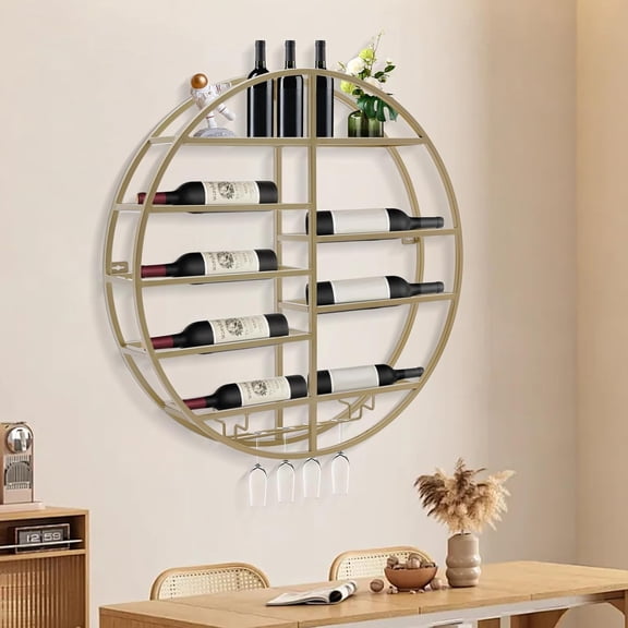 Wall Mounted Wine Rack Wine Display Rack Metal Gold Round Wine Shelf with Glass Holder Modern Floating Wine Bottle Organizer for Home Bar Kitchen