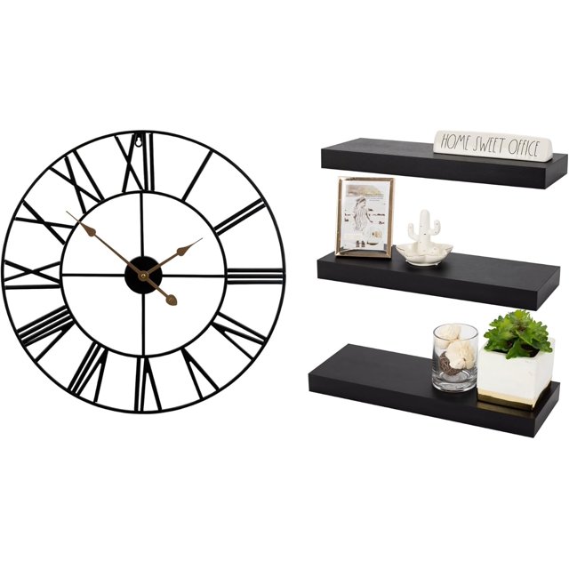 Wall Mounted Wine Rack and Wall Clock Bundle includes 3 Floating
