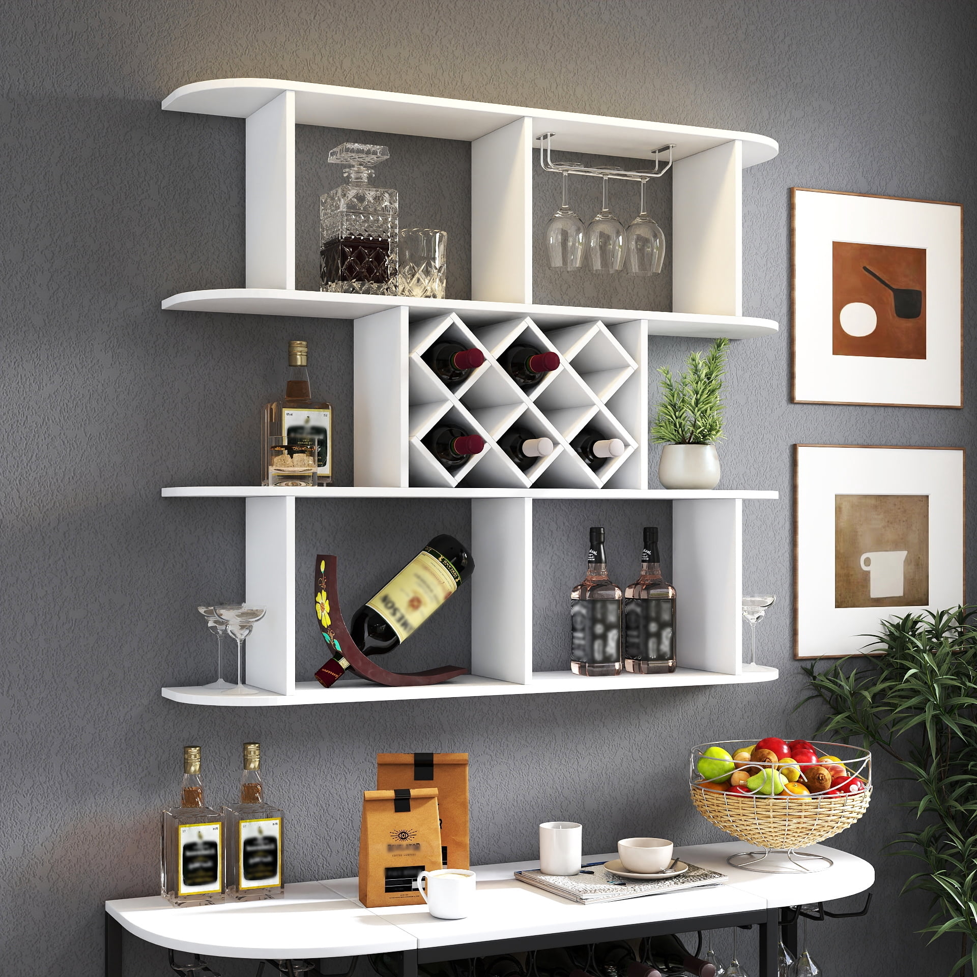 Wall Mounted Wine Rack with 3 Tiers, Rustic Bottle and Glass Storage Shelf for Home Bar, White Finish, Large Capacity with Integrated Glass Holder