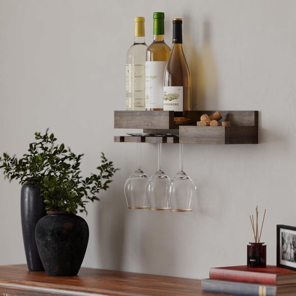 Wall Mounted Wine Rack with Cork Storage - 3 Bottle 3 Glass Capacity Walnut Bar Organizer