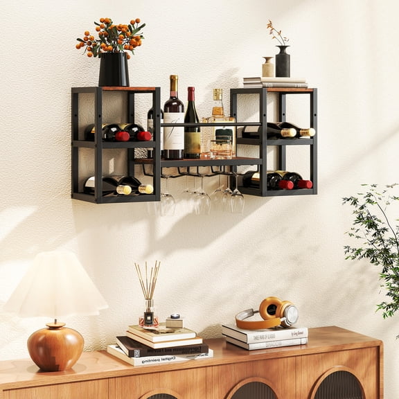 Wall Mounted Wine Rack with Glass Holder, Metal Frame, 8-Bottle Holder, Rustic Brown