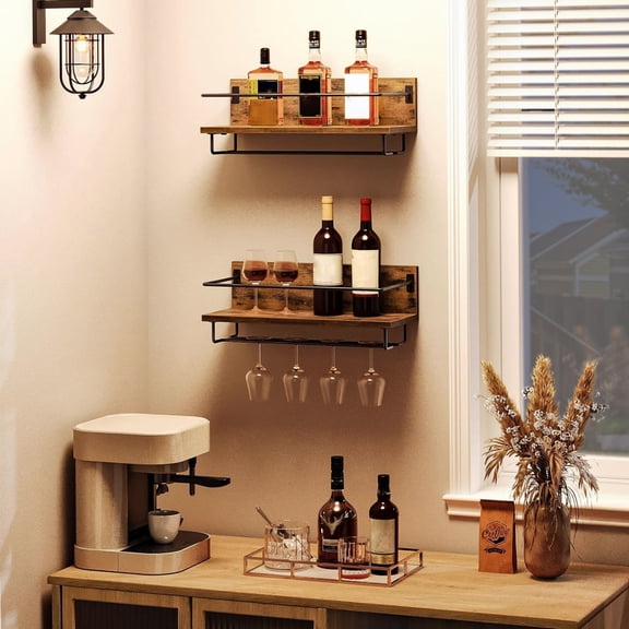 Wall Mounted Wine Rack with Hanging Wine Shelves 2 Pack, Rustic Brown Black