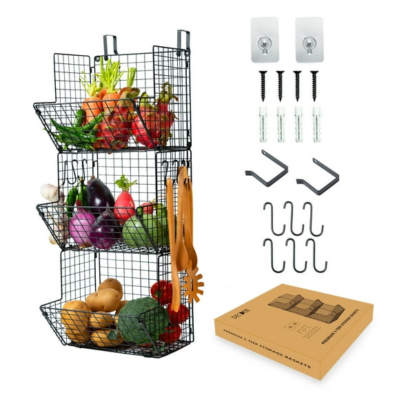 Wall Mounted Wire Basket,3 Tier Iron Wire Pantry Rack with Hooks with 2 Traceless Tapes Black For Kitchen,Bathroom