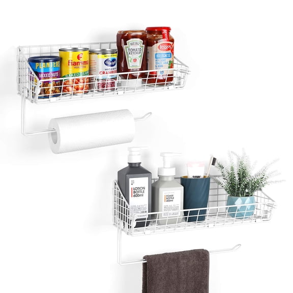 Wall Mounted Wire Storage Basket with Towel Bar, Kitchen Spice Rack & Bathroom Organizer, White