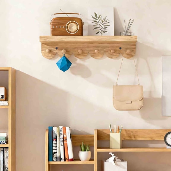 Wall Mounted Wood Coat Hooks Rack with 6 Non-Rusting Hangers for Bathroom Kitchen Living Room Organizer Key Towel Hat Storage Khaki