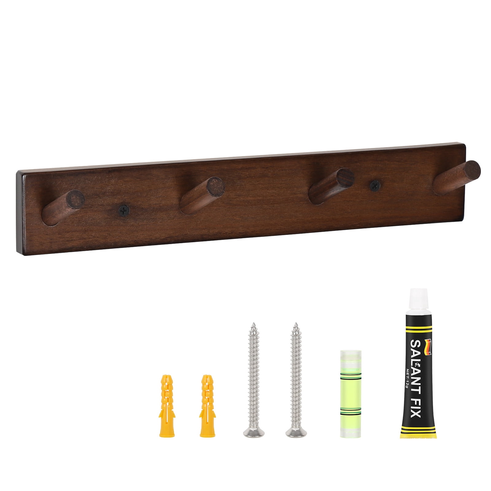 Wall Mounted Wood Coat and Hat Rack, 4 Hooks, Dark Brown
