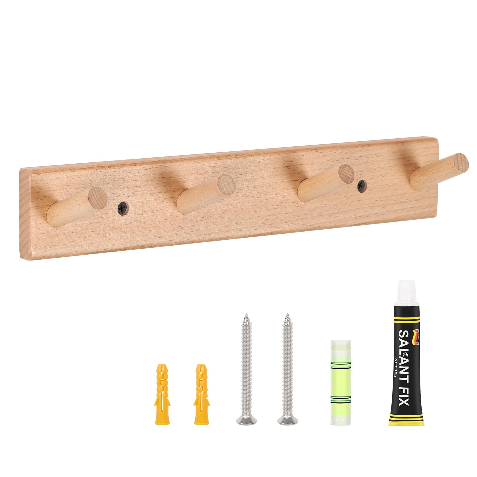 Wall Mounted Wood Coat and Hat Rack, 4 Hooks, Light Brown