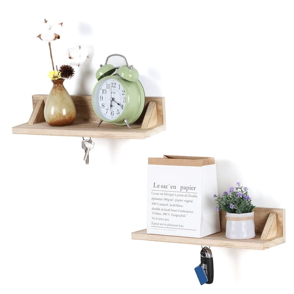 Wall Mounted Wood Floating Shelf with Magnetic Key Holder, Natural Wood Entryway Organizer for Keys, Plants, Decor