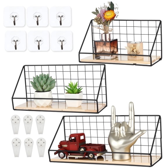 3 Pcs Wall Mounted Floating Shelves Set, No Drill Wood Shelf with Metal Rail, 13.8/11.8/9.8 in Black Wire Frame Rustic Wall Decor for Kitchen, Bathroom, Bedroom