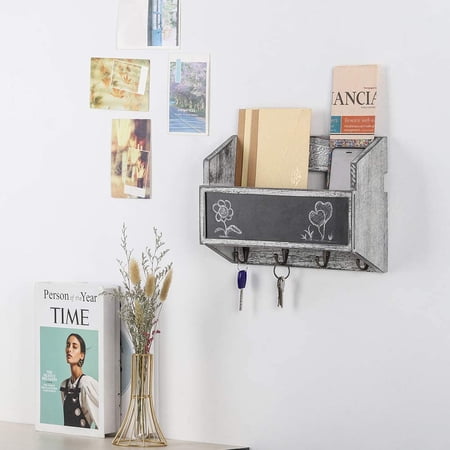Wall Mounted Wood Mail Holder with 4 Hooks