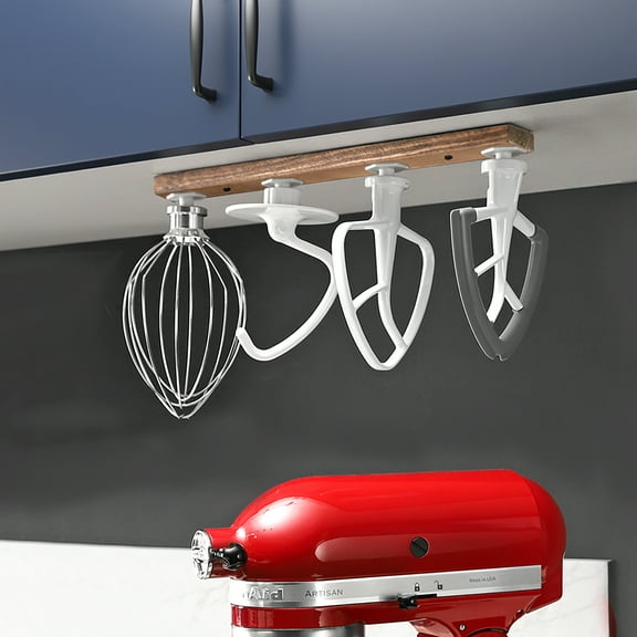 Wall Mounted Wood Stand Mixer Attachment Holder with 4-Pack Plastic Hangers Compatible with Kitchenaid Mixer Attachments for Space-saving, Walnut