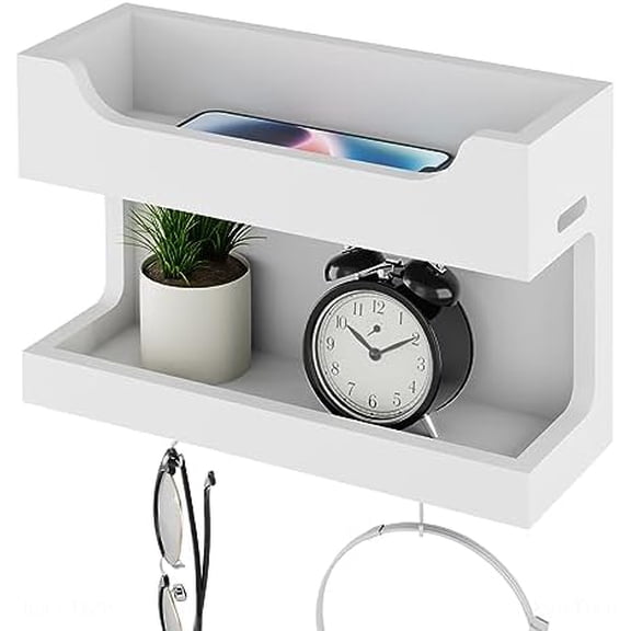 Wall Mounted Wooden Bedside Accessories Organizer, Double Tray Bedside Storage Shelf Rack with Magnetic Hooks, Bedroom Dorm RV Wall Caddy Holder for Phone Glasses Alarm Clock Remote (White)