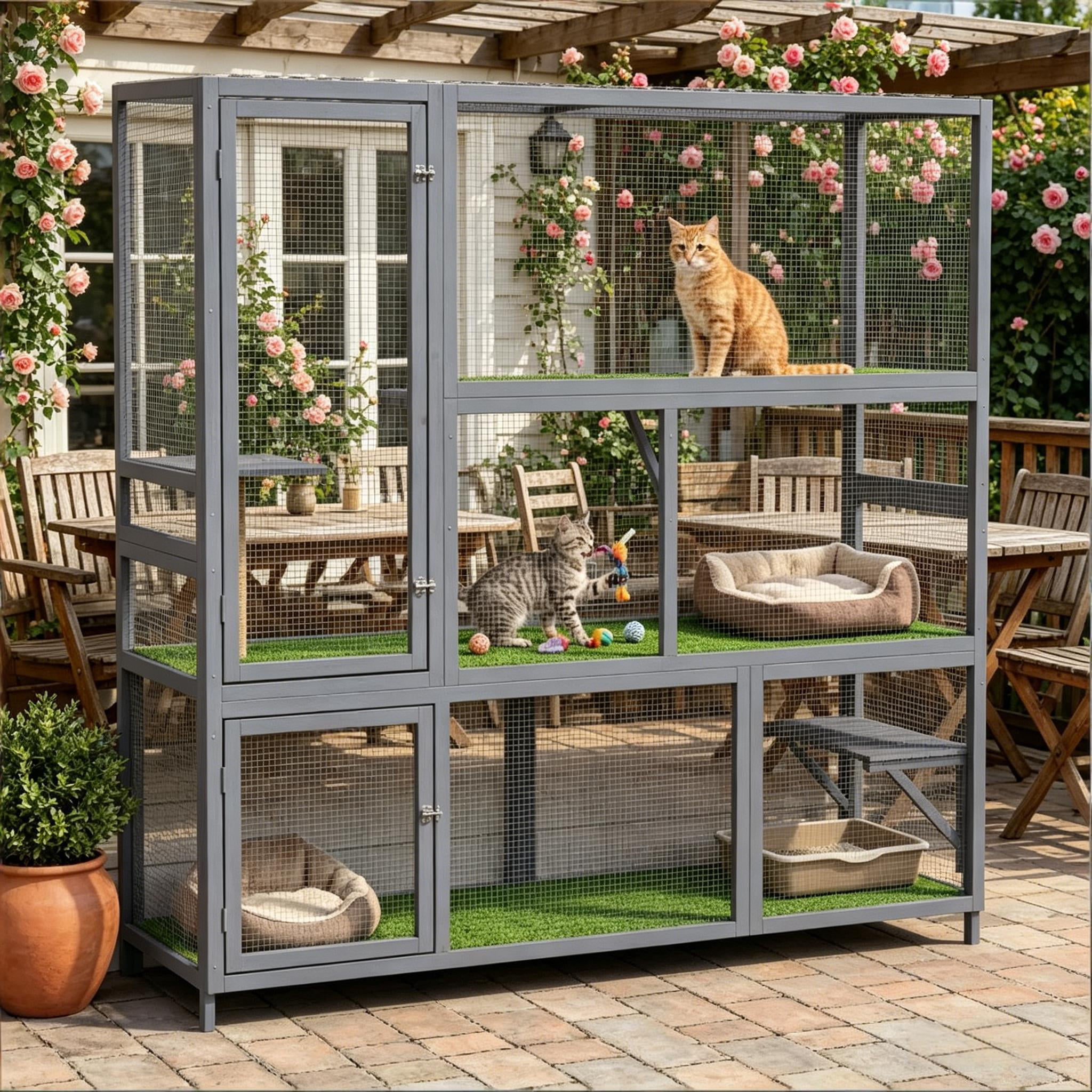 Wall-Mounted Wooden Cat House, Cat Catio Outdoor Cat Enclosure