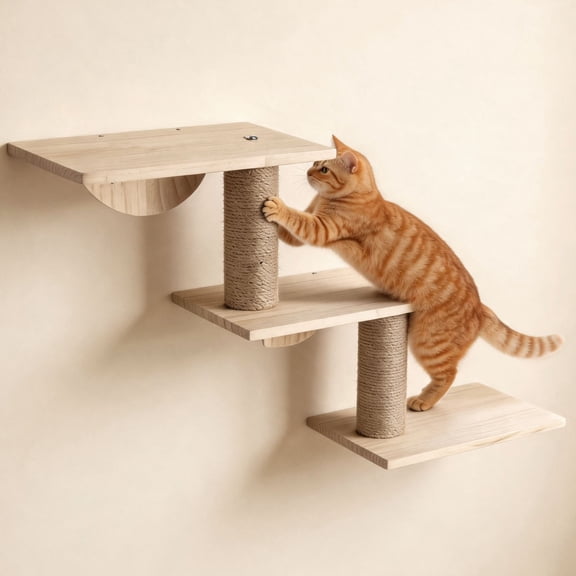 Wall-Mounted Wooden Cat Steps,3-Tier Floating Cat Shelves with Sisal Scratching Posts, Natural Wood Cat Climber
